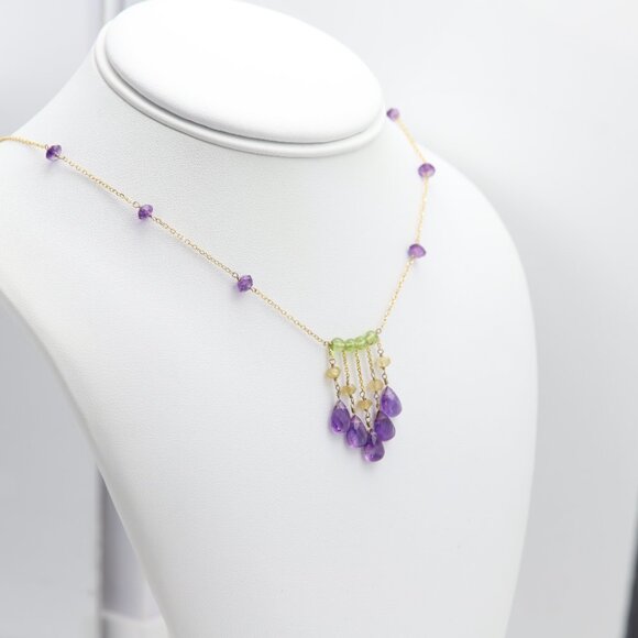 Amethyst Beaded Necklace 14k Yellow Gold Dangle Bead Necklace #001 - Picture 6 of 6